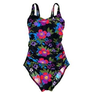 LL Bean Swimsuit One Piece Womens 8 Goth Black Built In Bra Floral Nice